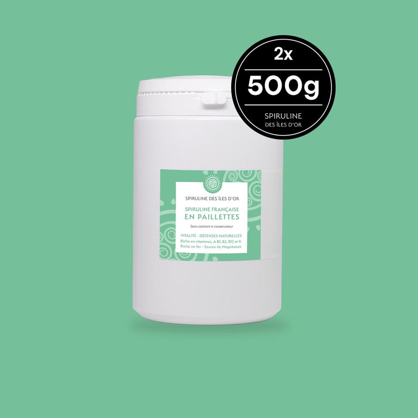 Spiruline BIO en paillettes 2 pots de 500 grammes