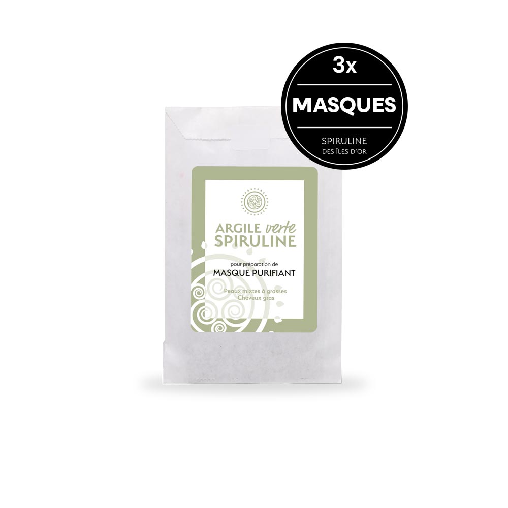 Masque visage purifiant argile verte et spiruline 3 masques