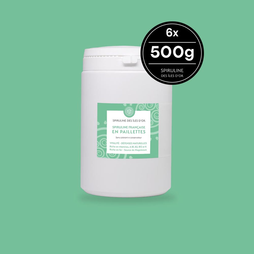 Spiruline BIO en paillettes 6 pots de 500 grammes