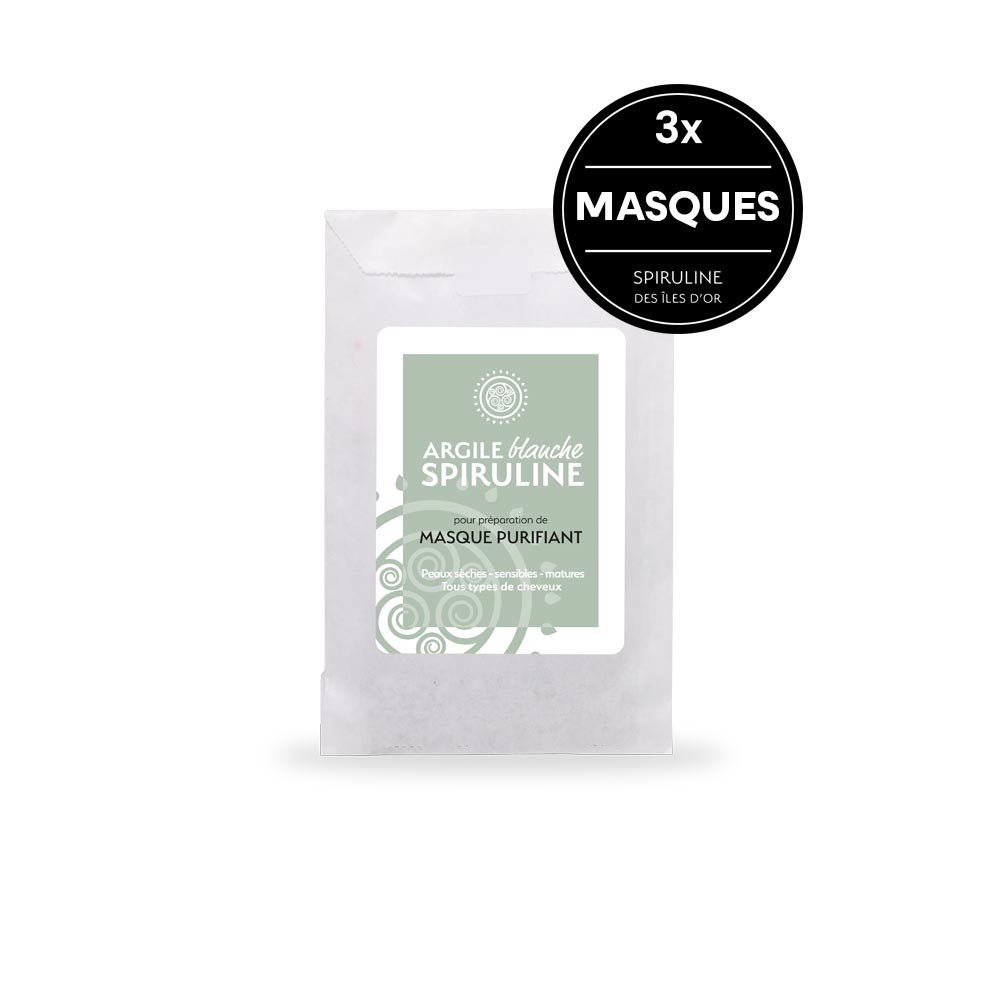 Masque visage purifiant argile blanche et spiruline 3 masques